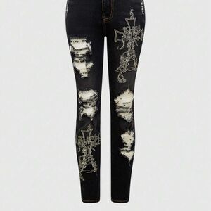 Embroidered Black Distressed Women Jeans